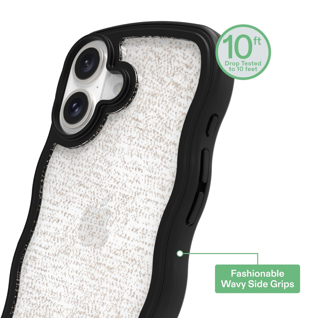 Wavy Grip Phone Case for Iphone 16 - Black/Gold Glitter