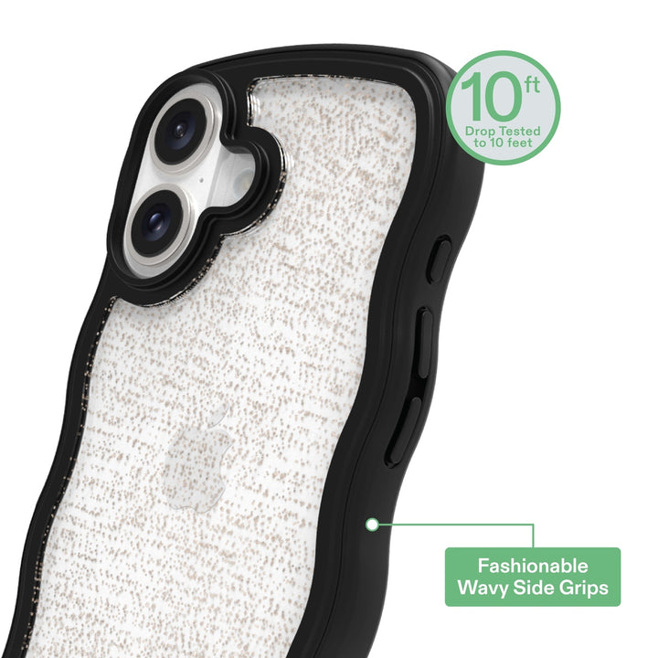 Wavy Grip Phone Case for Iphone 16 - Black/Gold Glitter