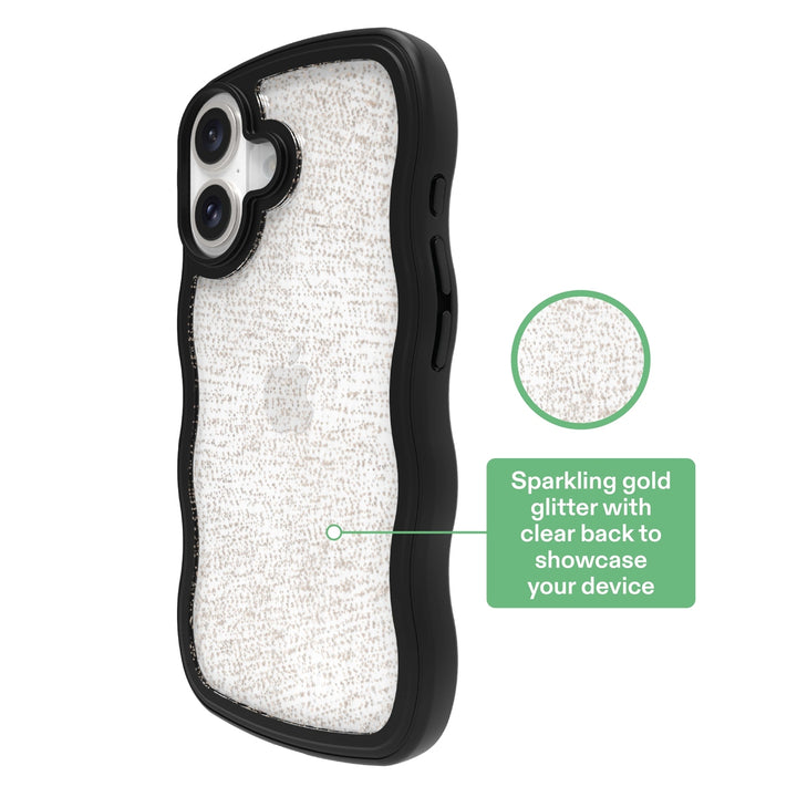 Wavy Grip Phone Case for Iphone 16 - Black/Gold Glitter