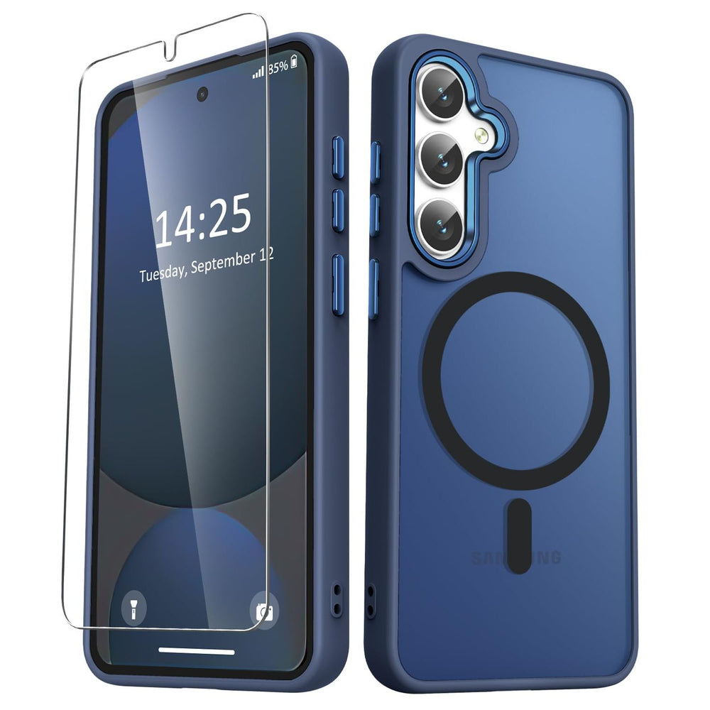 for Samsung Galaxy S24 FE Case, Matte Magnetic Phone Case with 1 Screen Protector, Support for Magsafe, Translucent Frosted Slim Shockproof Protective Cover for Samsung Galaxy S24 FE, Navy Blue - DOKUTRONIX