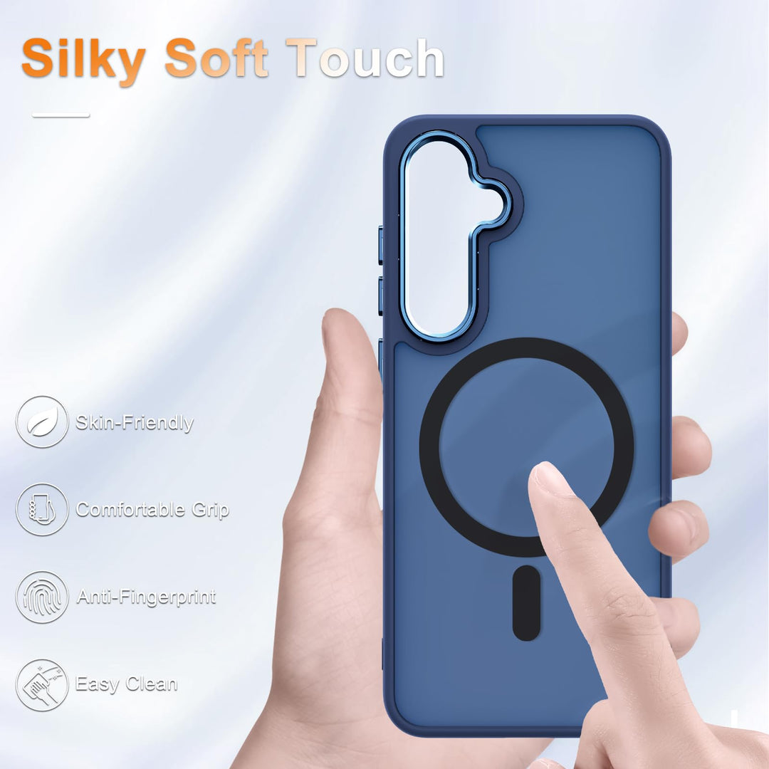 for Samsung Galaxy S24 FE Case, Matte Magnetic Phone Case with 1 Screen Protector, Support for Magsafe, Translucent Frosted Slim Shockproof Protective Cover for Samsung Galaxy S24 FE, Navy Blue - DOKUTRONIX