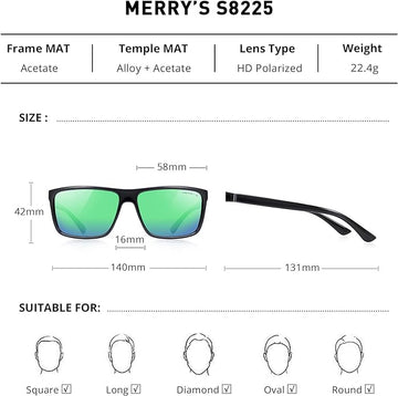 MERRY'S Polarized Sports Sunglasses - Black Frame/Gray Metal/Green Mirror Lens