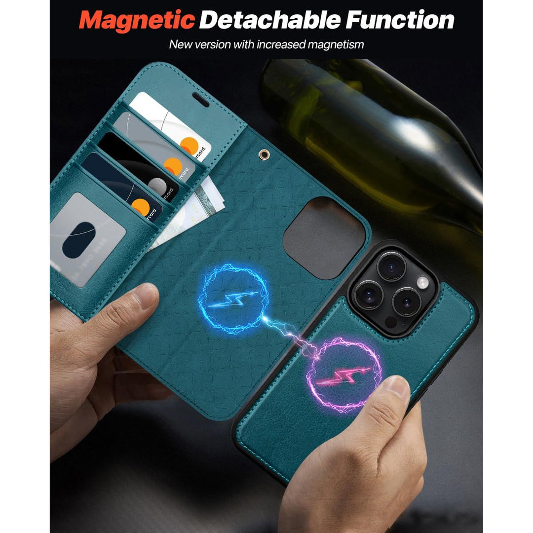 OCASE iPhone 16 Pro Detachable Wallet Case – PU Leather, RFID Blocking (Ice Blue)