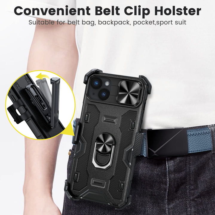 Caka iPhone 14 Plus Case – Belt-Clip Holster, Slide Camera Cover & 360° Stand (Green)