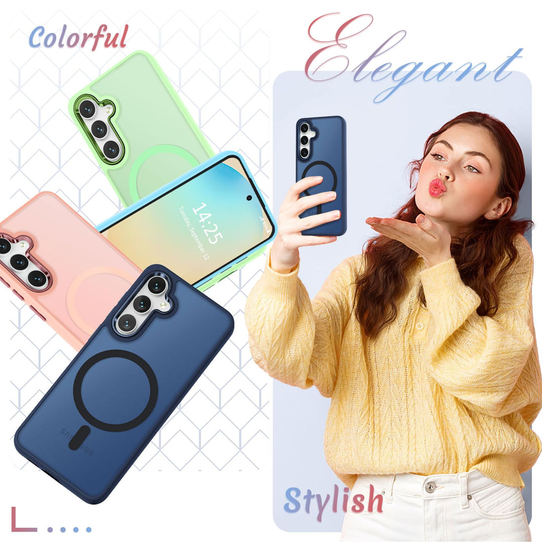 for Samsung Galaxy S24 FE Case, Matte Magnetic Phone Case with 1 Screen Protector, Support for Magsafe, Translucent Frosted Slim Shockproof Protective Cover for Samsung Galaxy S24 FE, Navy Blue - DOKUTRONIX