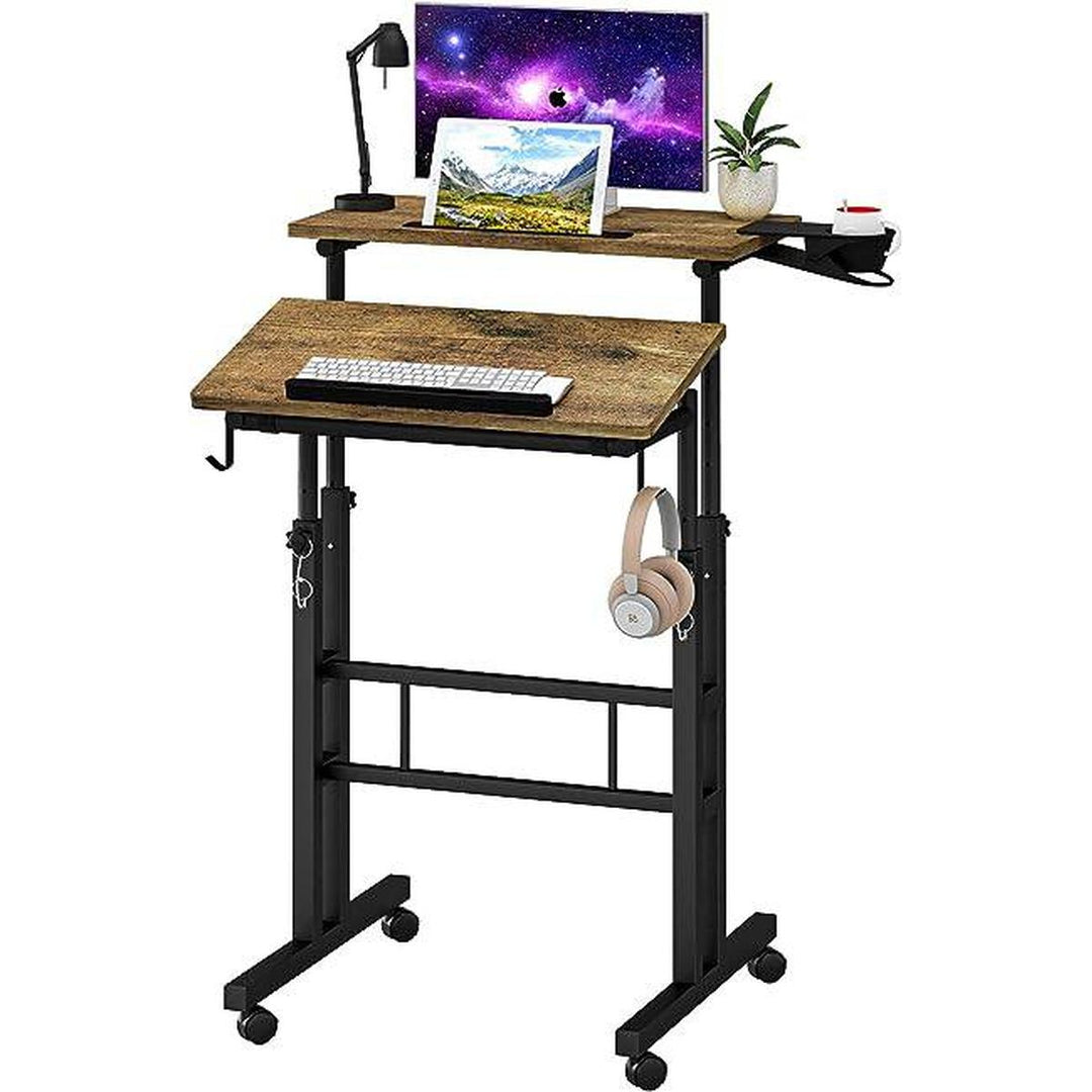 Rolling Oak Desk with Cup Holder - DOKUTRONIX
