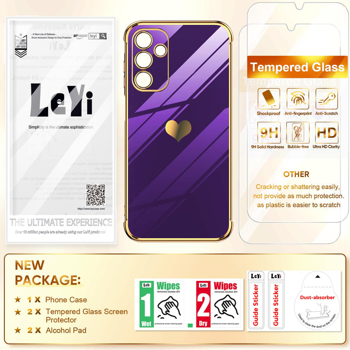 LeYi for Samsung Galaxy A15 5G Case: with Tempered Glass Screen Protector [2 Pcs]+ Full Camera Lens Protection,Love Heart Plating Girly Cute Luxury Shockproof Case, Cute Present for Mom, Dark Purple - DOKUTRONIX