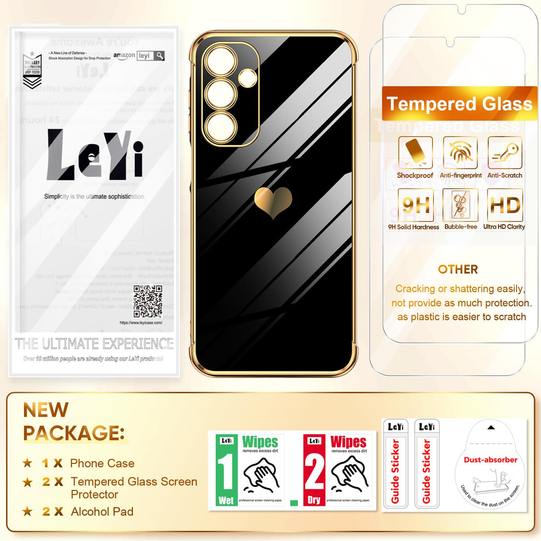 LeYi for Samsung Galaxy A15 5G Case: with Tempered Glass Screen Protector [2 Pcs]+ Full Camera Lens Protection,Love Heart Plating Girly Cute Luxury Shockproof Case, Cute Present for Mom, Dark Purple - DOKUTRONIX