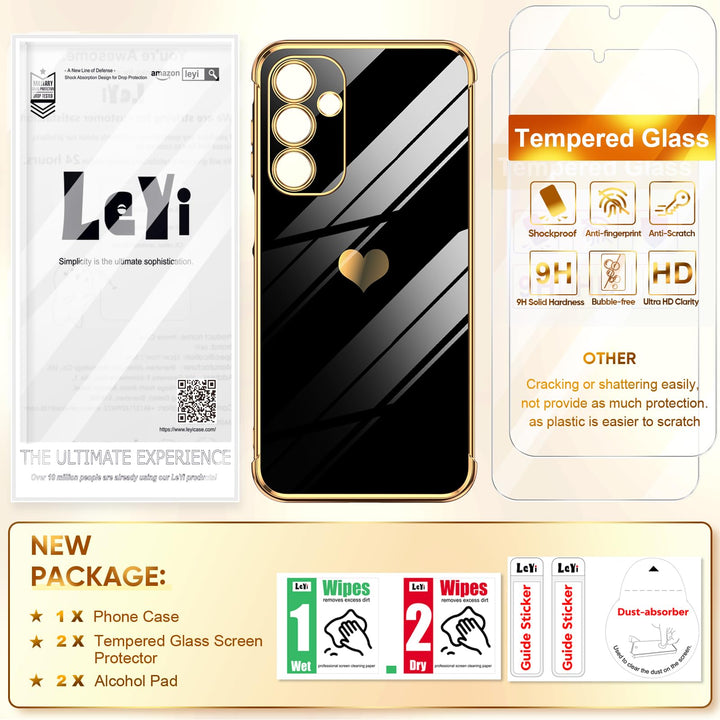 LeYi for Samsung Galaxy A15 5G Case: with Tempered Glass Screen Protector [2 Pcs]+ Full Camera Lens Protection,Love Heart Plating Girly Cute Luxury Shockproof Case, Cute Present for Mom, Dark Purple - DOKUTRONIX