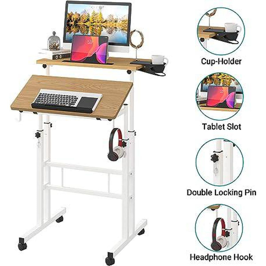 Khaki Mobile Laptop Cart with Cup Holder - DOKUTRONIX