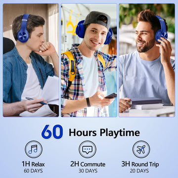 60-Hour Bluetooth Over-Ear Headphones: Hi-Fi Stereo, 6 EQ Modes, Microphone, Foldable Design - Blue