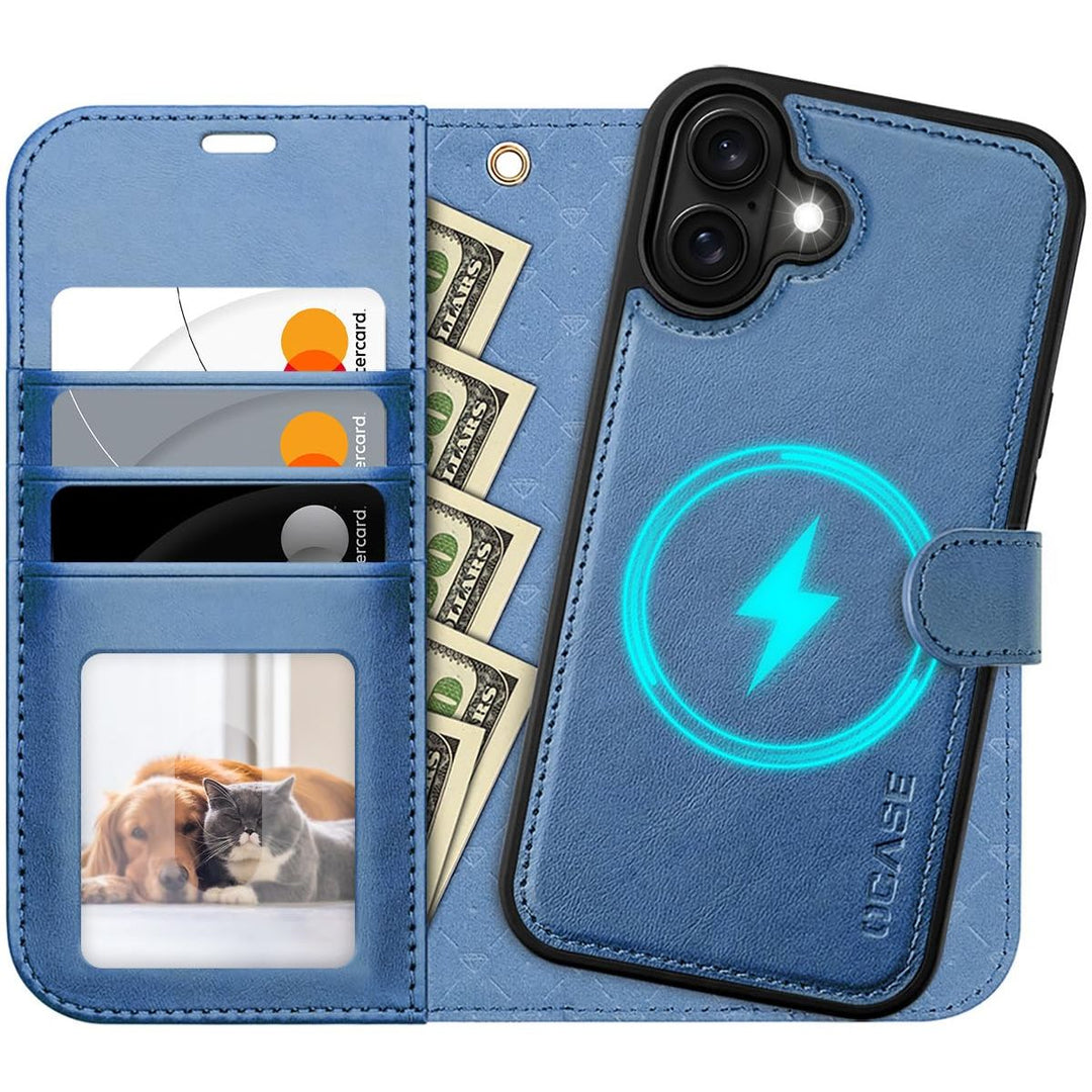 OCASE iPhone 16 Pro Detachable Wallet Case – PU Leather, RFID Blocking (Ice Blue)