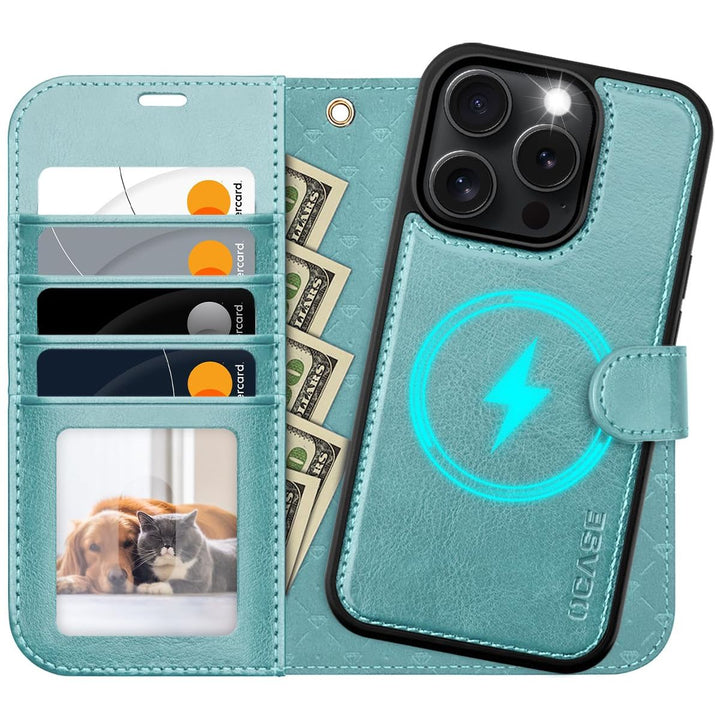 OCASE iPhone 16 Pro Detachable Wallet Case – PU Leather, RFID Blocking (Ice Blue)