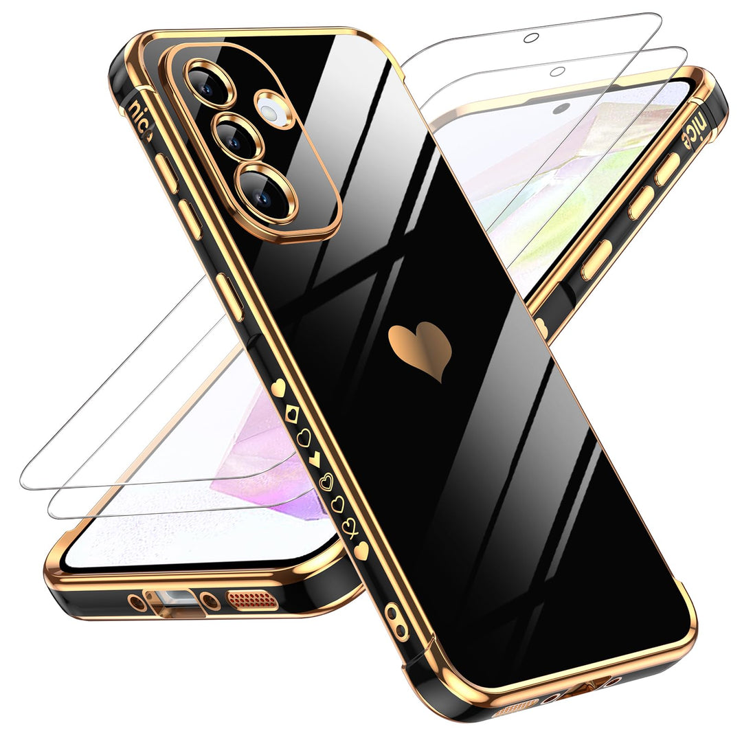 LeYi for Samsung Galaxy A15 5G Case: with Tempered Glass Screen Protector [2 Pcs]+ Full Camera Lens Protection,Love Heart Plating Girly Cute Luxury Shockproof Case, Cute Present for Mom, Dark Purple - DOKUTRONIX