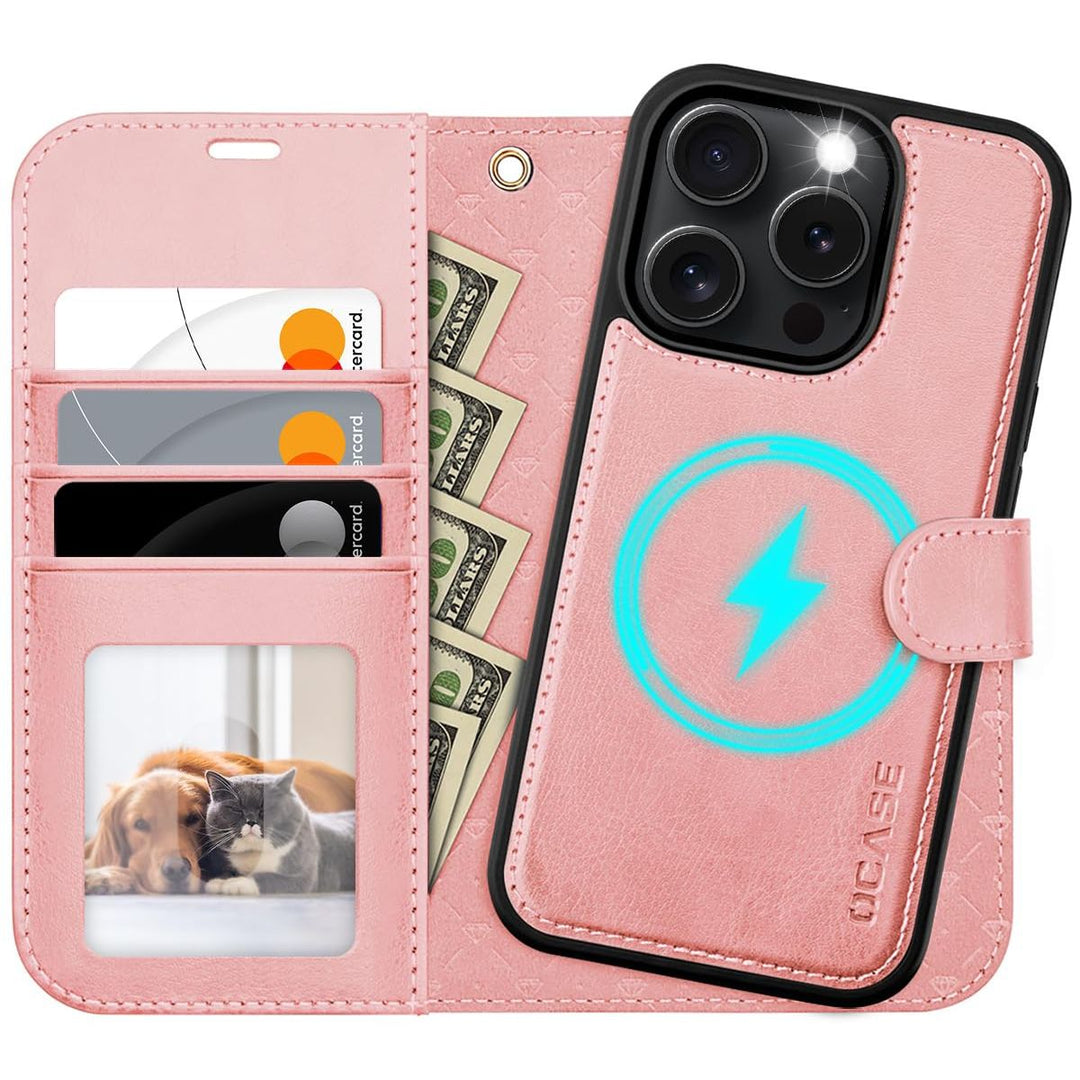 OCASE iPhone 16 Pro Detachable Wallet Case – PU Leather, RFID Blocking (Ice Blue)