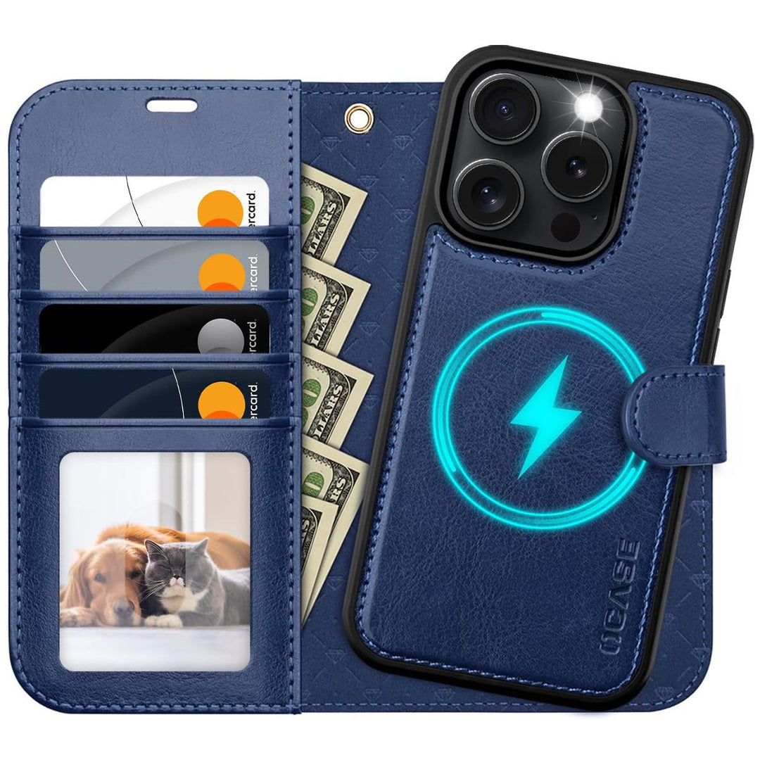 OCASE iPhone 16 Pro Detachable Wallet Case – PU Leather, RFID Blocking (Ice Blue)