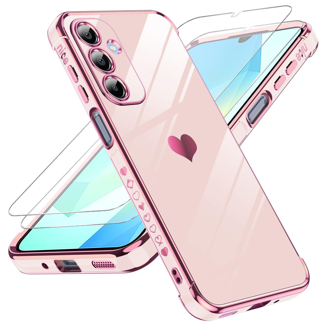 LeYi for Samsung Galaxy A15 5G Case: with Tempered Glass Screen Protector [2 Pcs]+ Full Camera Lens Protection,Love Heart Plating Girly Cute Luxury Shockproof Case, Cute Present for Mom, Dark Purple - DOKUTRONIX