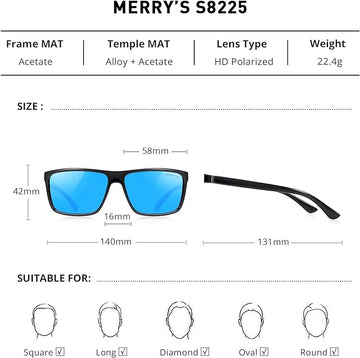 MERRY'S Rectangular Polarized Sports Sunglasses - Black Frame/Blue Mirror Lens