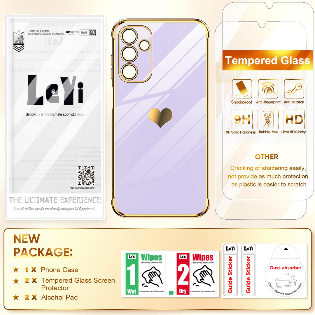 LeYi for Samsung Galaxy A15 5G Case: with Tempered Glass Screen Protector [2 Pcs]+ Full Camera Lens Protection,Love Heart Plating Girly Cute Luxury Shockproof Case, Cute Present for Mom, Dark Purple - DOKUTRONIX