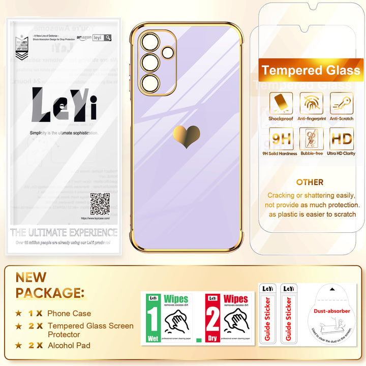 LeYi for Samsung Galaxy A15 5G Case: with Tempered Glass Screen Protector [2 Pcs]+ Full Camera Lens Protection,Love Heart Plating Girly Cute Luxury Shockproof Case, Cute Present for Mom, Dark Purple - DOKUTRONIX