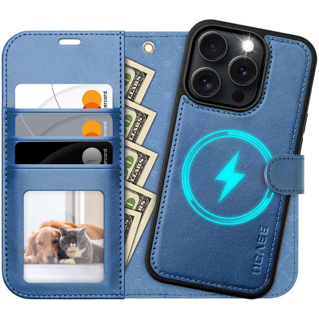 OCASE iPhone 16 Pro Detachable Wallet Case – PU Leather, RFID Blocking (Ice Blue)
