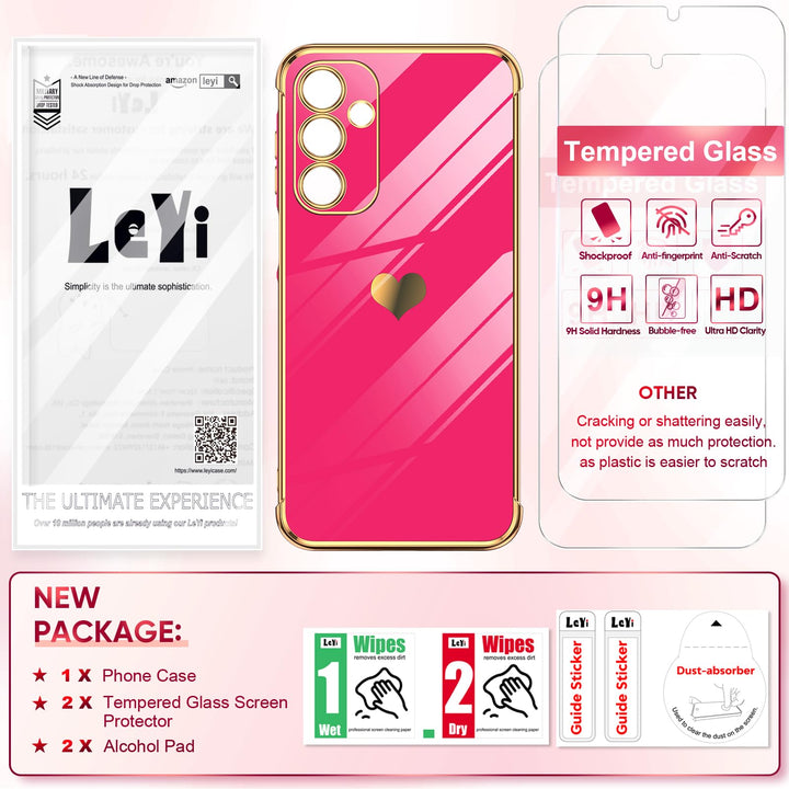 LeYi for Samsung Galaxy A15 5G Case: with Tempered Glass Screen Protector [2 Pcs]+ Full Camera Lens Protection,Love Heart Plating Girly Cute Luxury Shockproof Case, Cute Present for Mom, Dark Purple - DOKUTRONIX