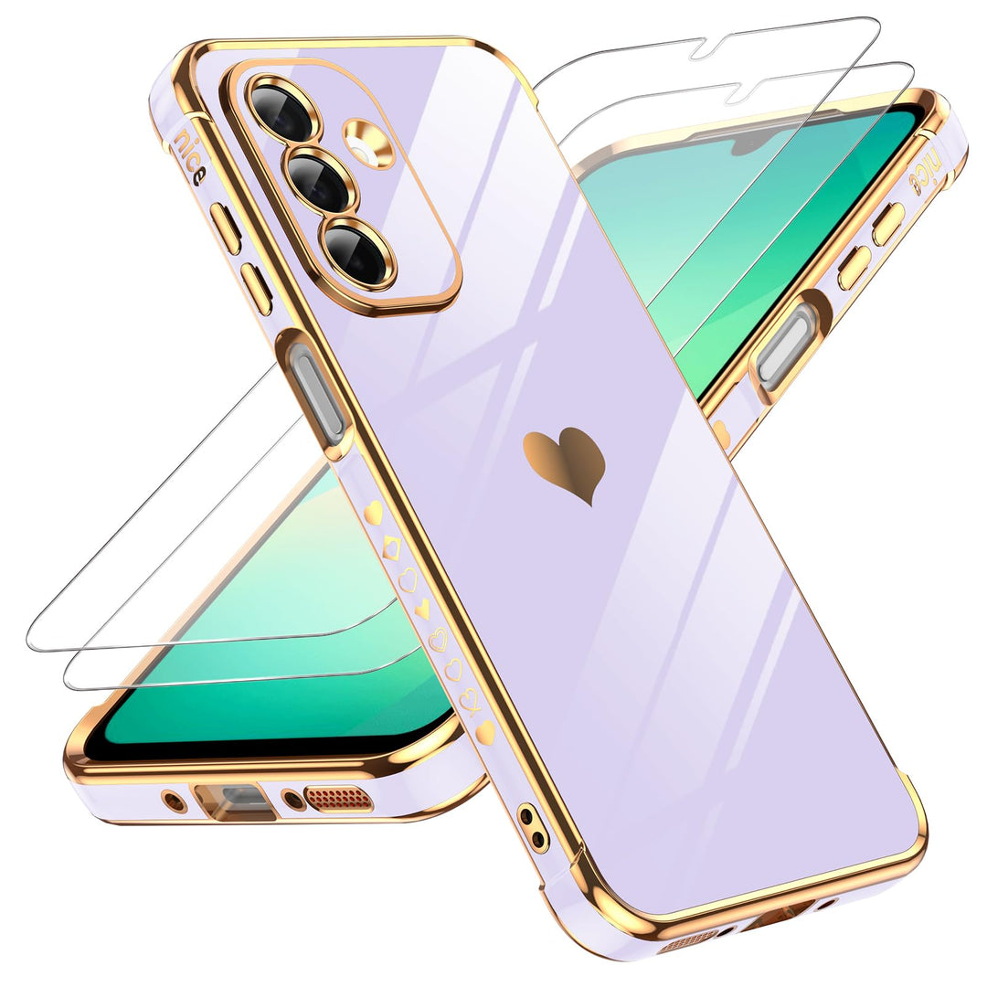 LeYi for Samsung Galaxy A15 5G Case: with Tempered Glass Screen Protector [2 Pcs]+ Full Camera Lens Protection,Love Heart Plating Girly Cute Luxury Shockproof Case, Cute Present for Mom, Dark Purple - DOKUTRONIX