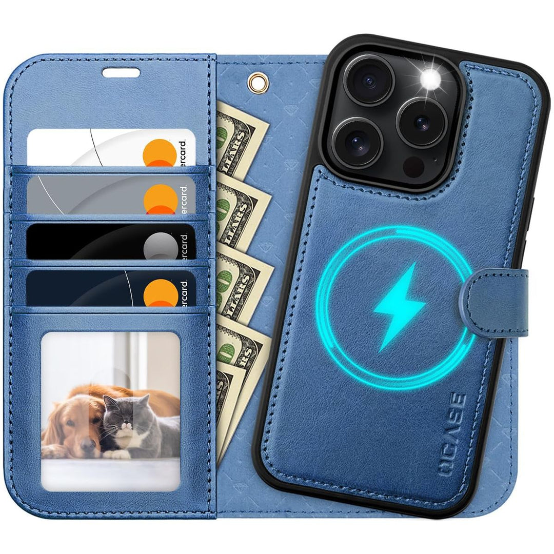 OCASE iPhone 16 Pro Detachable Wallet Case – PU Leather, RFID Blocking (Ice Blue)