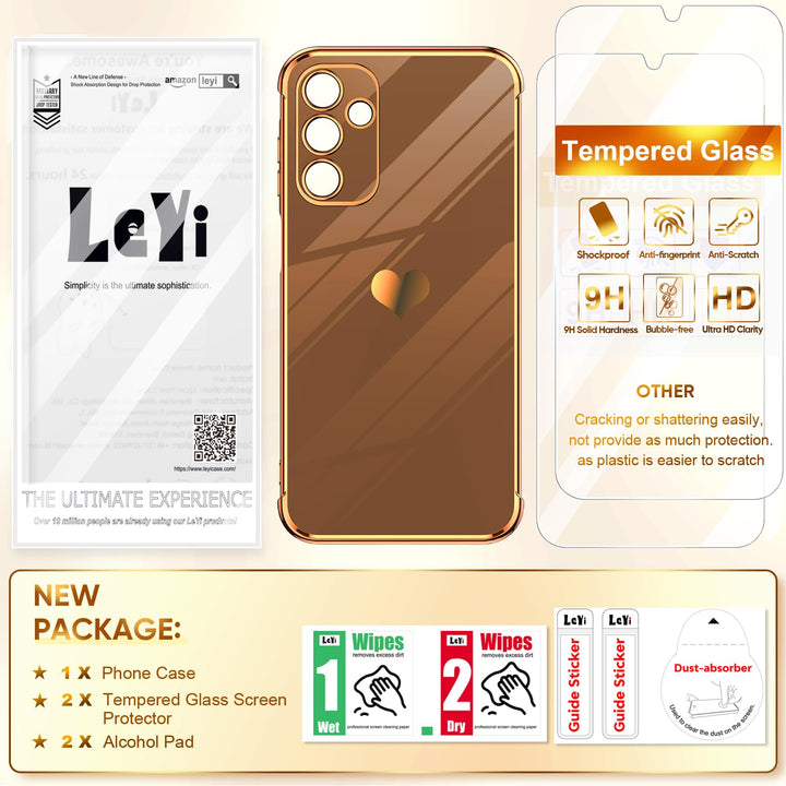 LeYi for Samsung Galaxy A15 5G Case: with Tempered Glass Screen Protector [2 Pcs]+ Full Camera Lens Protection,Love Heart Plating Girly Cute Luxury Shockproof Case, Cute Present for Mom, Dark Purple - DOKUTRONIX