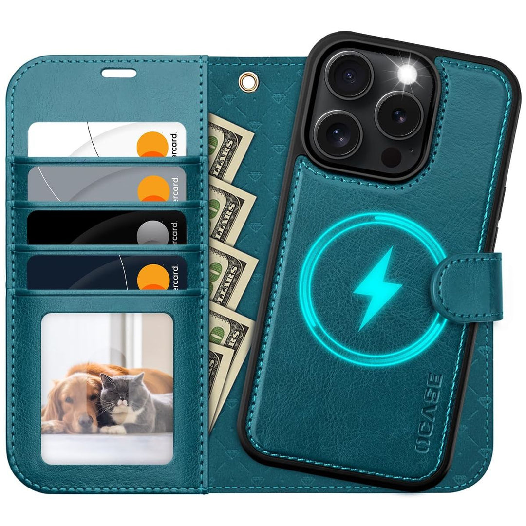 OCASE iPhone 16 Pro Detachable Wallet Case – PU Leather, RFID Blocking (Ice Blue)