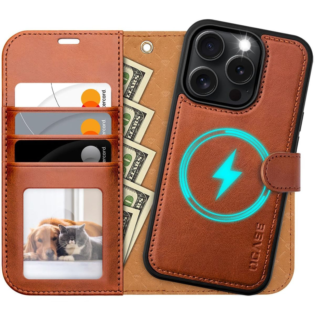 OCASE iPhone 16 Pro Detachable Wallet Case – PU Leather, RFID Blocking (Ice Blue)