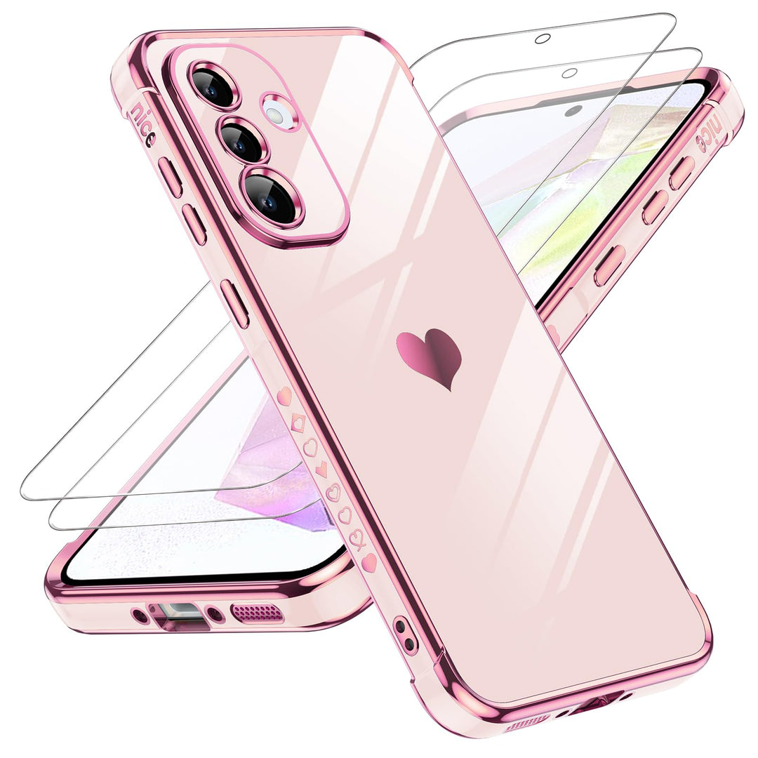 LeYi for Samsung Galaxy A15 5G Case: with Tempered Glass Screen Protector [2 Pcs]+ Full Camera Lens Protection,Love Heart Plating Girly Cute Luxury Shockproof Case, Cute Present for Mom, Dark Purple - DOKUTRONIX