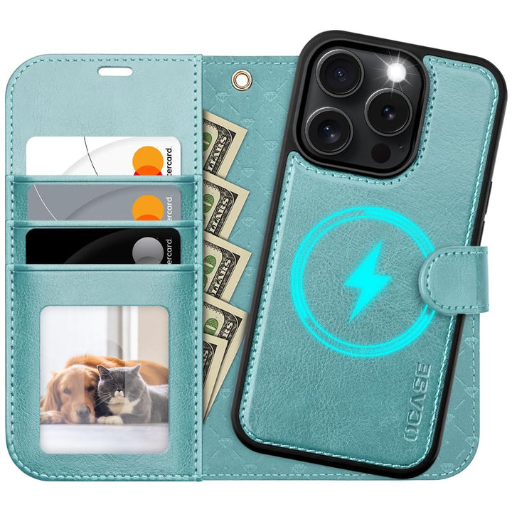 OCASE iPhone 16 Pro Detachable Wallet Case – PU Leather, RFID Blocking (Ice Blue)