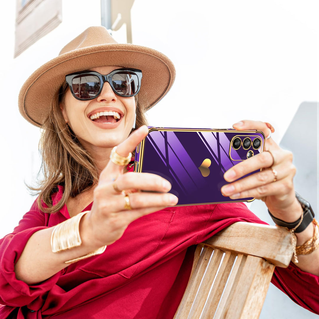 LeYi for Samsung Galaxy A15 5G Case: with Tempered Glass Screen Protector [2 Pcs]+ Full Camera Lens Protection,Love Heart Plating Girly Cute Luxury Shockproof Case, Cute Present for Mom, Dark Purple - DOKUTRONIX