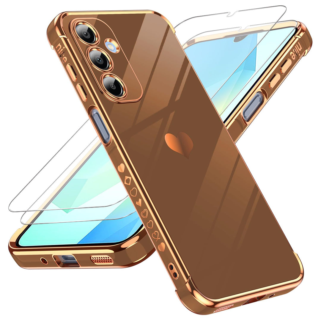 LeYi for Samsung Galaxy A15 5G Case: with Tempered Glass Screen Protector [2 Pcs]+ Full Camera Lens Protection,Love Heart Plating Girly Cute Luxury Shockproof Case, Cute Present for Mom, Dark Purple - DOKUTRONIX