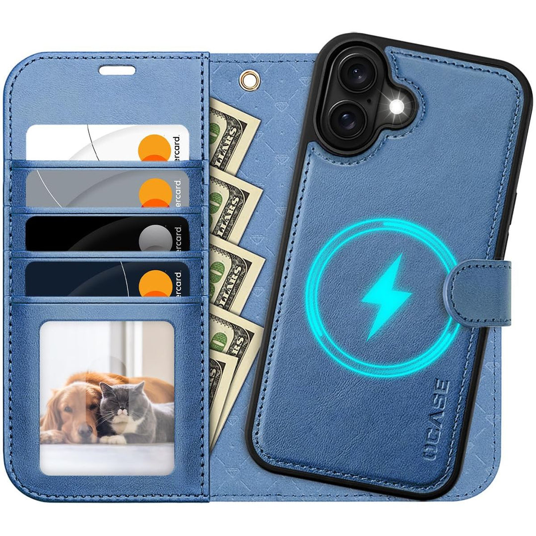 OCASE iPhone 16 Pro Detachable Wallet Case – PU Leather, RFID Blocking (Ice Blue)