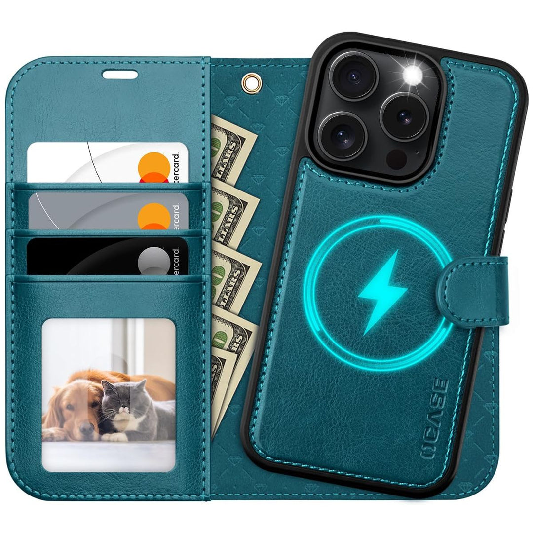 OCASE iPhone 16 Pro Detachable Wallet Case – PU Leather, RFID Blocking (Ice Blue)
