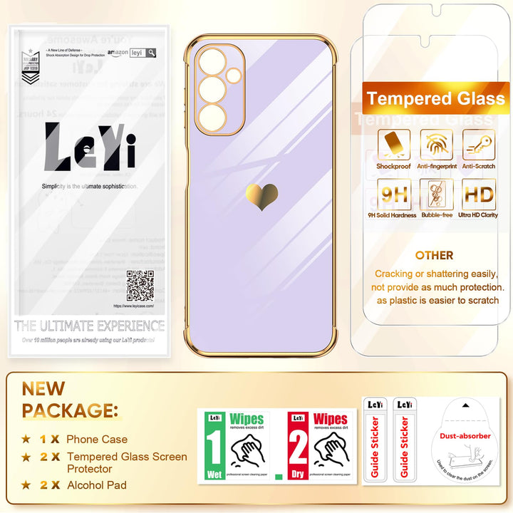 LeYi for Samsung Galaxy A15 5G Case: with Tempered Glass Screen Protector [2 Pcs]+ Full Camera Lens Protection,Love Heart Plating Girly Cute Luxury Shockproof Case, Cute Present for Mom, Dark Purple - DOKUTRONIX