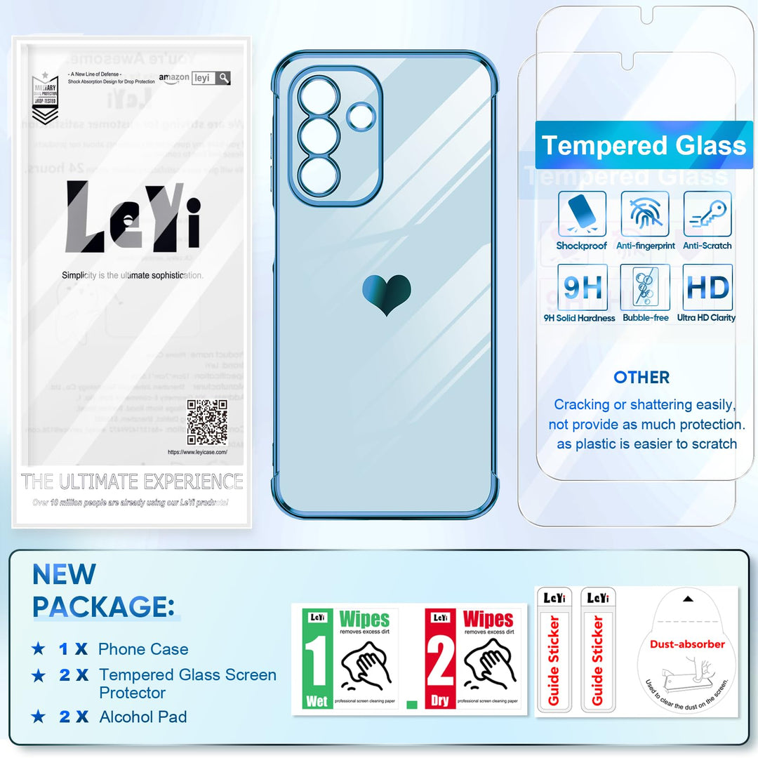 LeYi for Samsung Galaxy A15 5G Case: with Tempered Glass Screen Protector [2 Pcs]+ Full Camera Lens Protection,Love Heart Plating Girly Cute Luxury Shockproof Case, Cute Present for Mom, Dark Purple - DOKUTRONIX