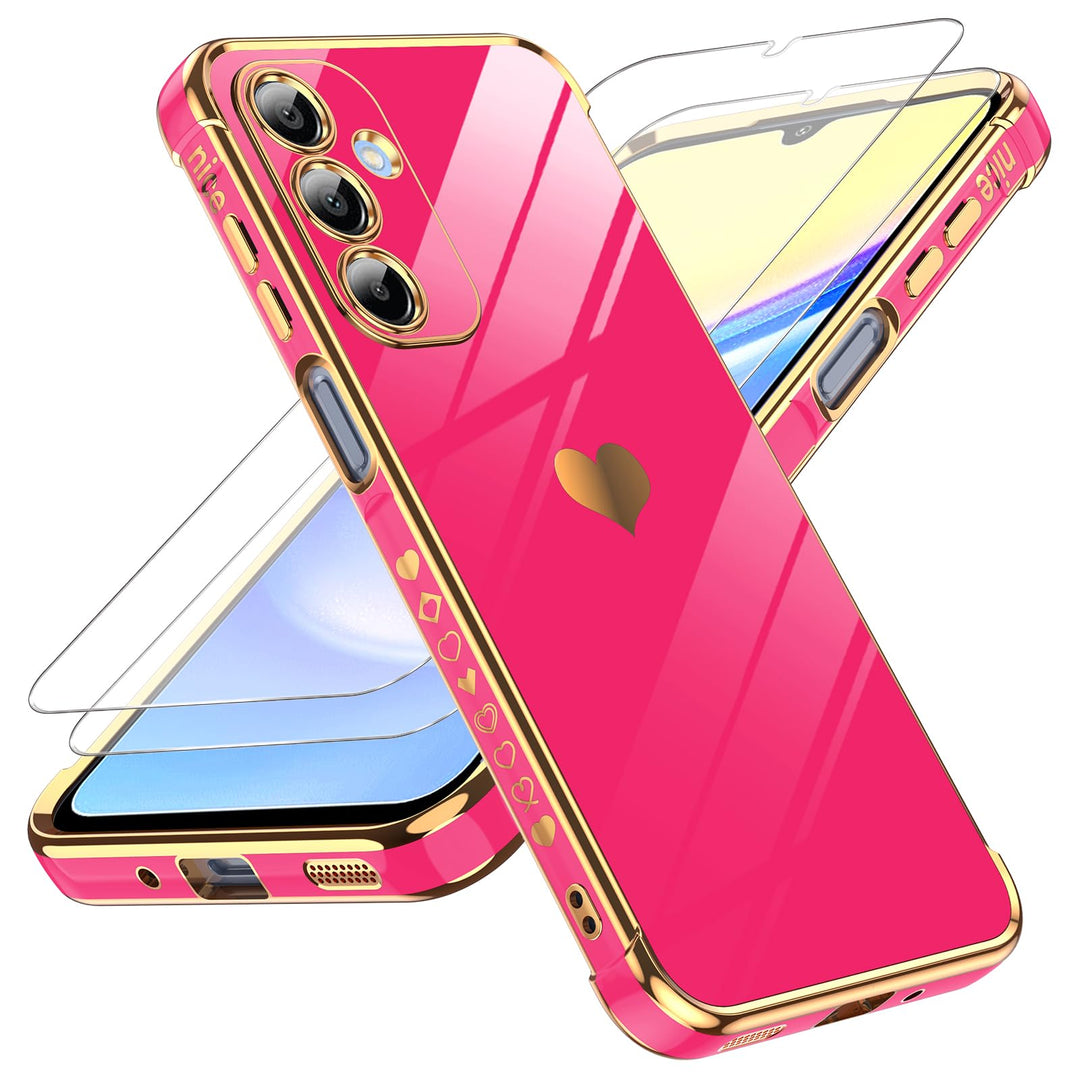 LeYi for Samsung Galaxy A15 5G Case: with Tempered Glass Screen Protector [2 Pcs]+ Full Camera Lens Protection,Love Heart Plating Girly Cute Luxury Shockproof Case, Cute Present for Mom, Dark Purple - DOKUTRONIX