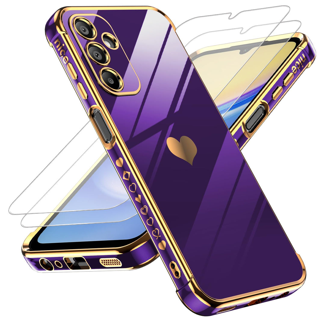 LeYi for Samsung Galaxy A15 5G Case: with Tempered Glass Screen Protector [2 Pcs]+ Full Camera Lens Protection,Love Heart Plating Girly Cute Luxury Shockproof Case, Cute Present for Mom, Dark Purple - DOKUTRONIX