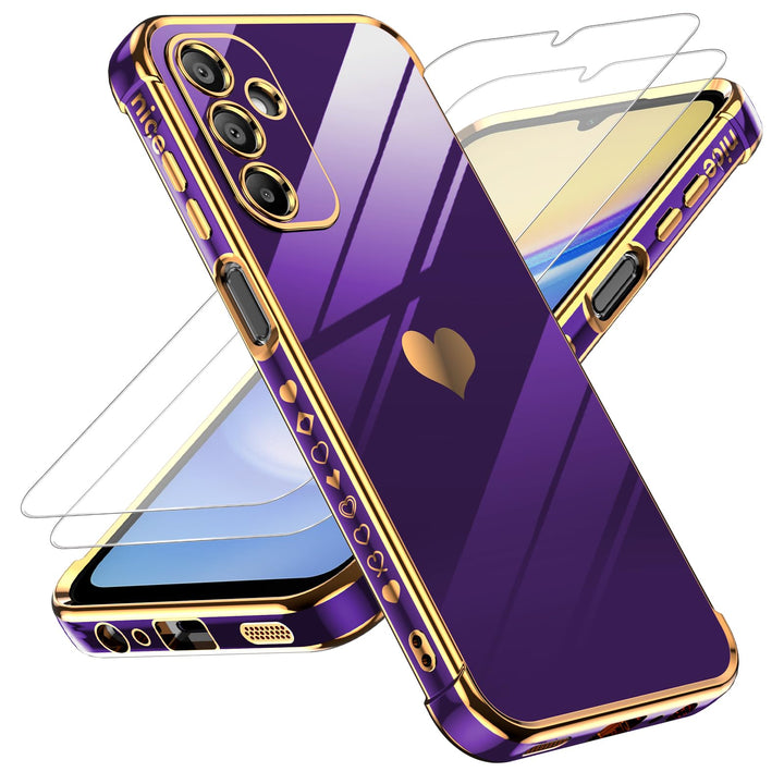 LeYi for Samsung Galaxy A15 5G Case: with Tempered Glass Screen Protector [2 Pcs]+ Full Camera Lens Protection,Love Heart Plating Girly Cute Luxury Shockproof Case, Cute Present for Mom, Dark Purple - DOKUTRONIX