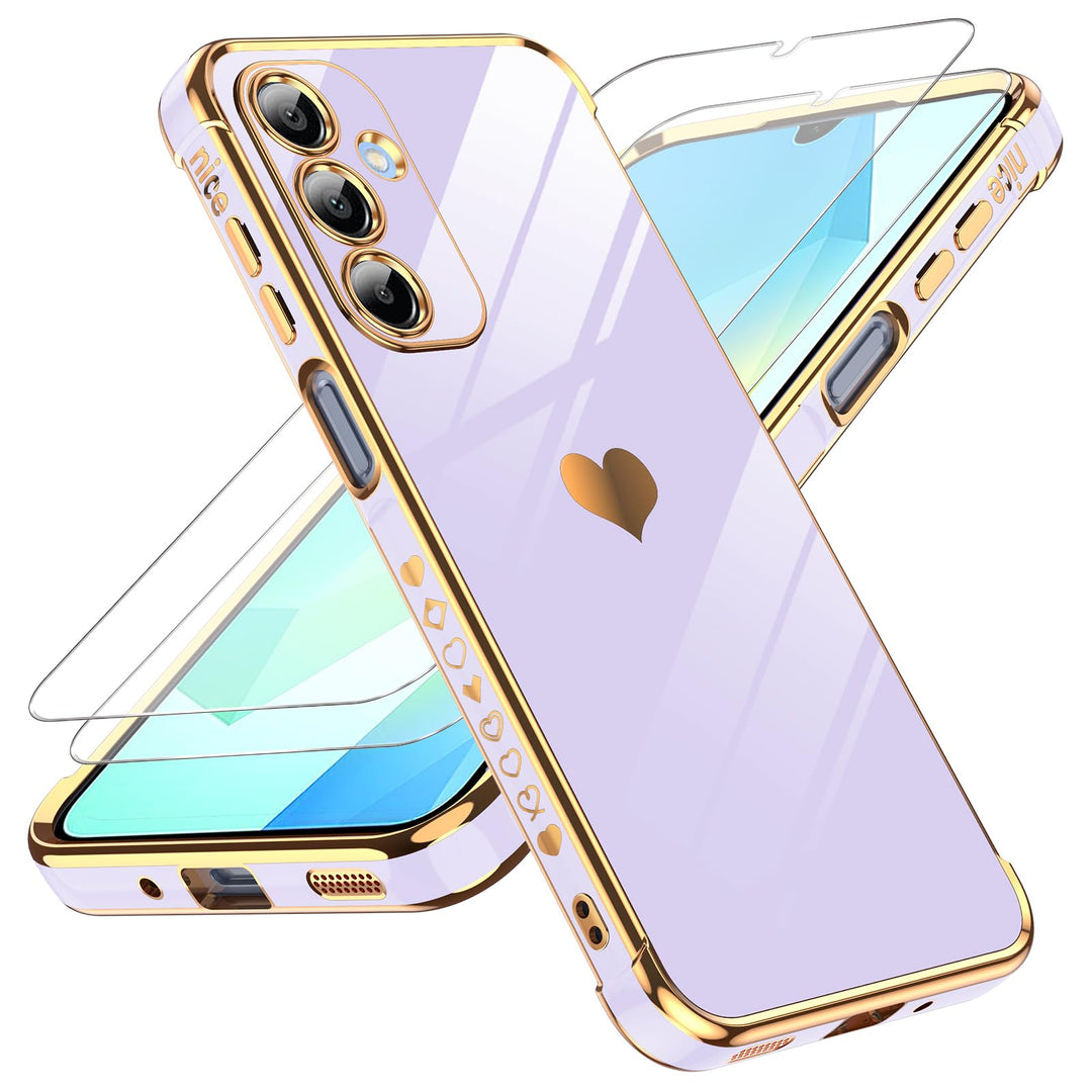 LeYi for Samsung Galaxy A15 5G Case: with Tempered Glass Screen Protector [2 Pcs]+ Full Camera Lens Protection,Love Heart Plating Girly Cute Luxury Shockproof Case, Cute Present for Mom, Dark Purple - DOKUTRONIX