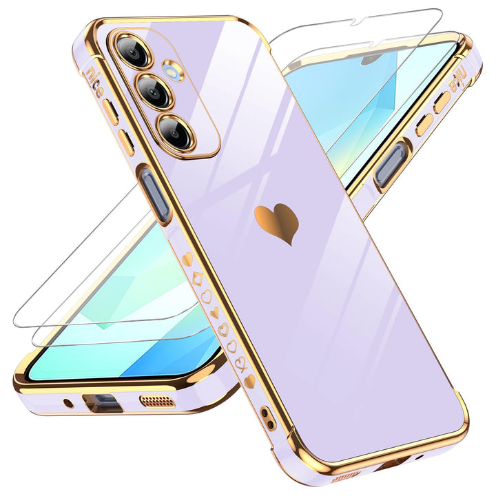 LeYi for Samsung Galaxy A15 5G Case: with Tempered Glass Screen Protector [2 Pcs]+ Full Camera Lens Protection,Love Heart Plating Girly Cute Luxury Shockproof Case, Cute Present for Mom, Dark Purple - DOKUTRONIX