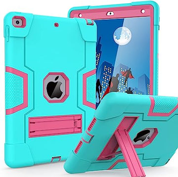 Cantis Case for iPad 9th/8th/7th Generation - Slim Shockproof Rugged Protective Case with Built-in Stand, Teal+Rose