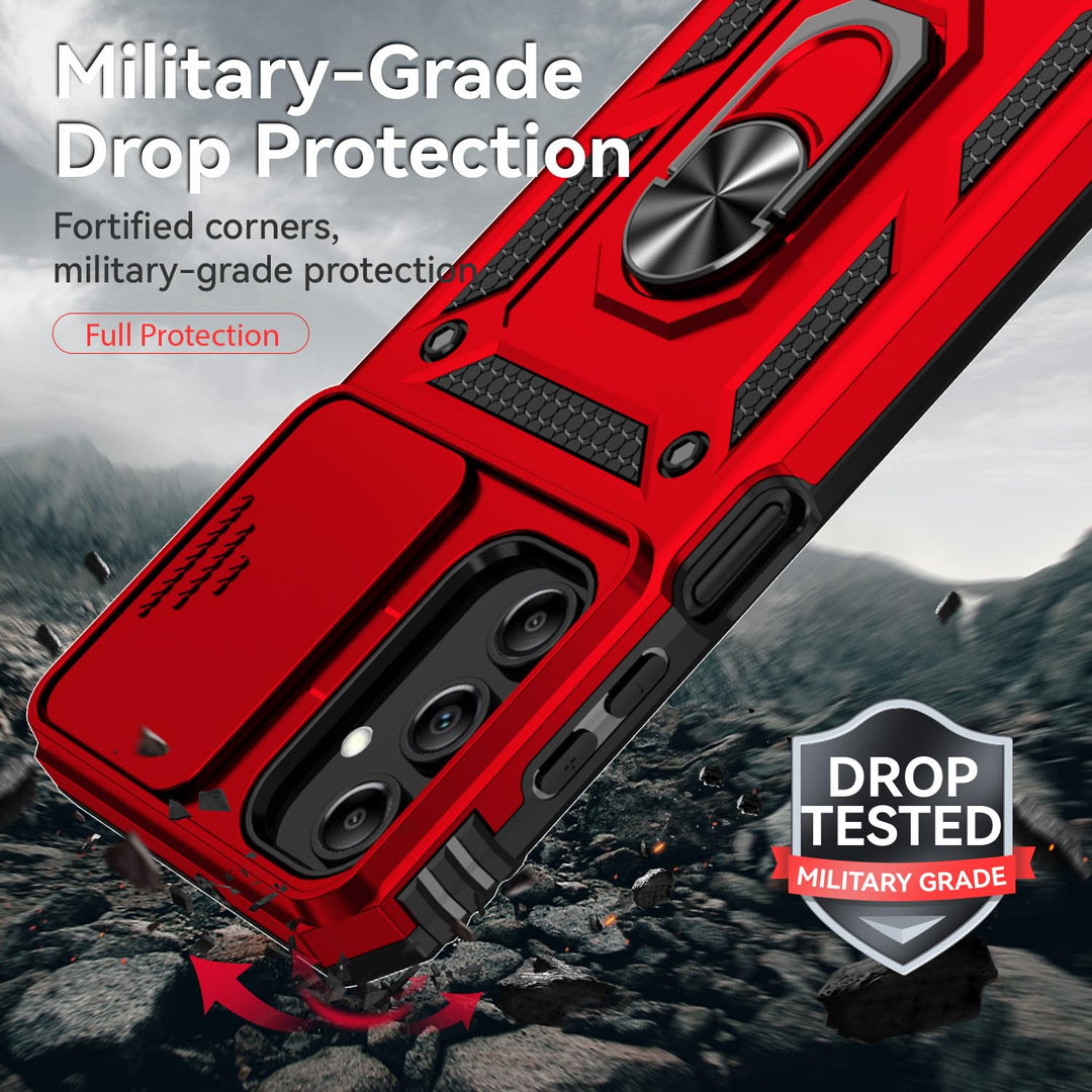 SunStory Phone Case for Samsung Galaxy A15 5G Case with HD Screen Protector & Slide Camera Cover & Rotated Ring Kickstand, [Military-Grade] Phone Case for Galaxy A15 5G (Red) - DOKUTRONIX