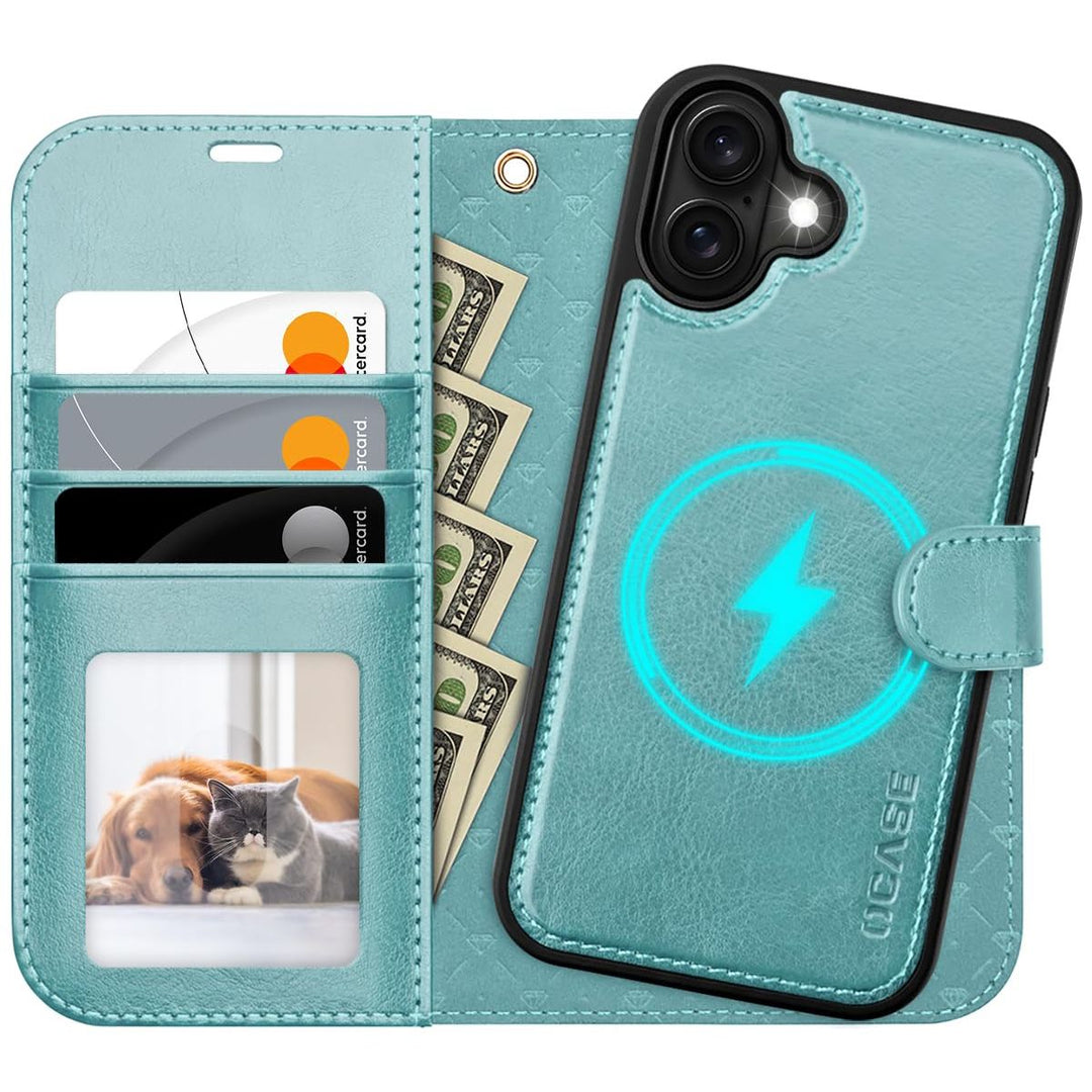 OCASE iPhone 16 Pro Detachable Wallet Case – PU Leather, RFID Blocking (Ice Blue)