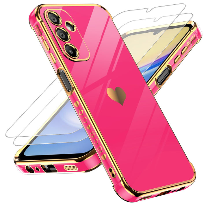 LeYi for Samsung Galaxy A15 5G Case: with Tempered Glass Screen Protector [2 Pcs]+ Full Camera Lens Protection,Love Heart Plating Girly Cute Luxury Shockproof Case, Cute Present for Mom, Dark Purple - DOKUTRONIX