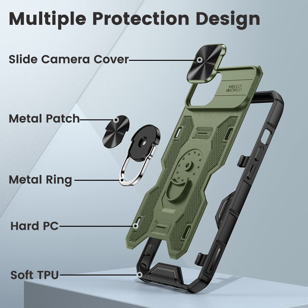Caka iPhone 14 Plus Case – Belt-Clip Holster, Slide Camera Cover & 360° Stand (Green)