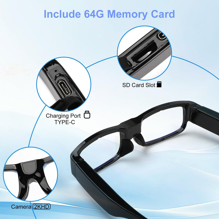 CamGlasses 2K: Smart, Wearable, No App, 64G SD